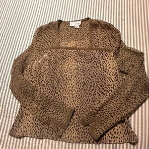 Vera Cristina 100% Silk Animal Print Blouse Brown Square Neck Long Sleeve Top